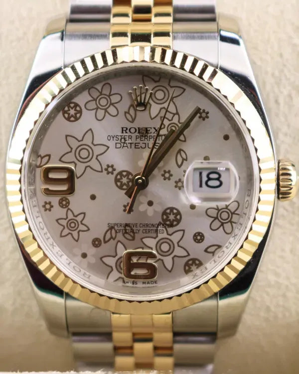2008 (M Serial) Rolex Datejust 36MM Silver "Floral Motif" Dial Two-Tone Jubilee Bracelet (116233)