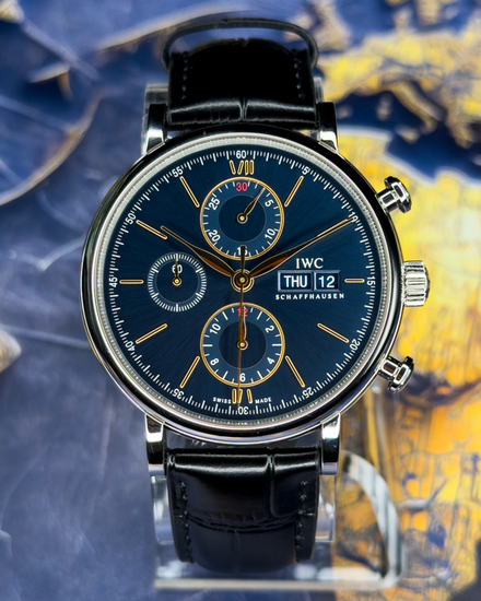 No Reserve - 2021 IWC Schaffhausen Portofino Chronograph 42MM Blue Dial Leather Strap (IW391036)