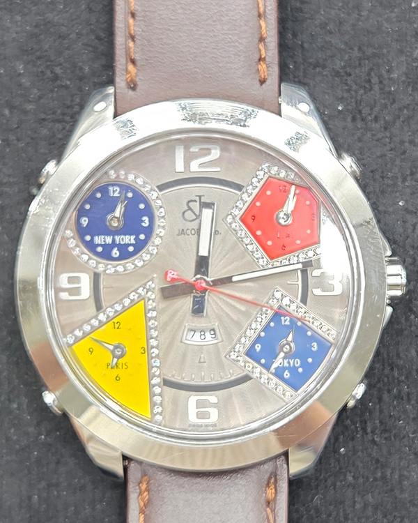 Jacob & Co. Five Time Zones 40MM Quartz Silver Dial Leather Strap (JCM-58DA)