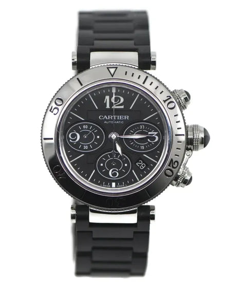 Cartier Pasha De Cartier Seatimer 42MM Black Dial Steel Bracelet (W31088U2)