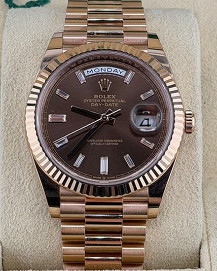 2023 Rolex Day-Date 40MM Chocolate Dial Rose Gold President Bracelet (228235)