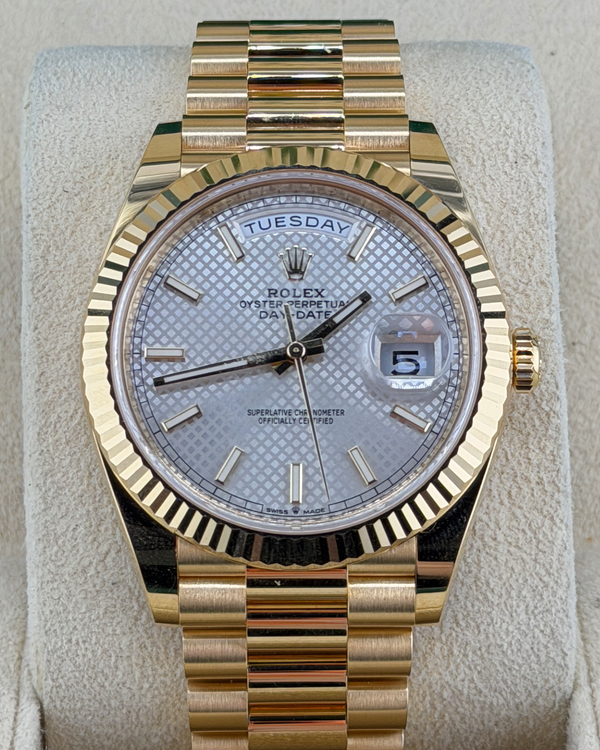 2022 Rolex Day-Date 40MM Silver "Crosshatch Motif" Dial Yellow Gold President Bracelet (228238)