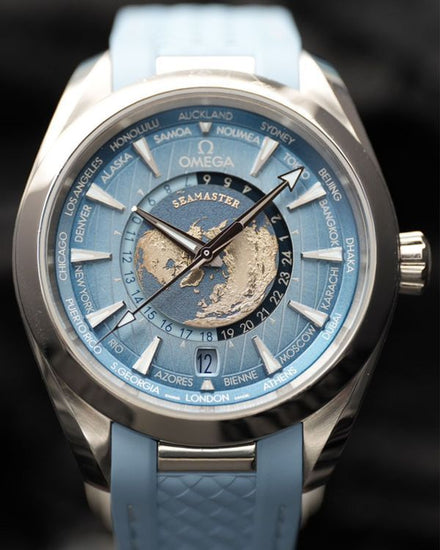 2025 Omega Seamaster Aqua Terra 150M Worldtimer GMT "Summer Blue" 43MM Blue Dial Rubber Strap (220.12.43.22.03.002)