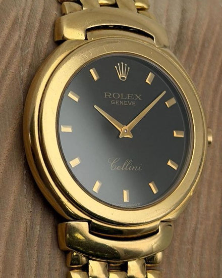 1990 Rolex Cellini 37MM Quartz Black Dial Yellow Gold Integrated Bracelet (6623/8)