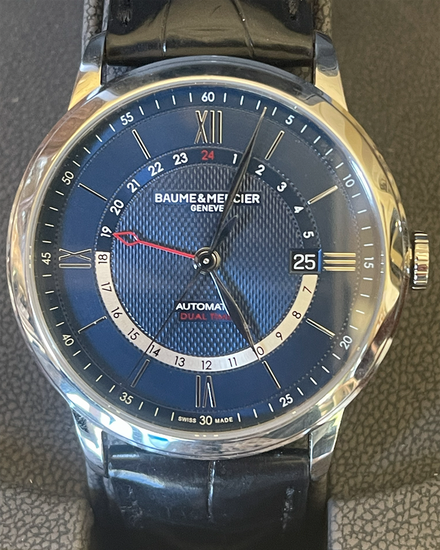 No Reserve - Baume & Mercier Classima Dual Time 42MM Blue Dial Leather Strap (M0A10482)