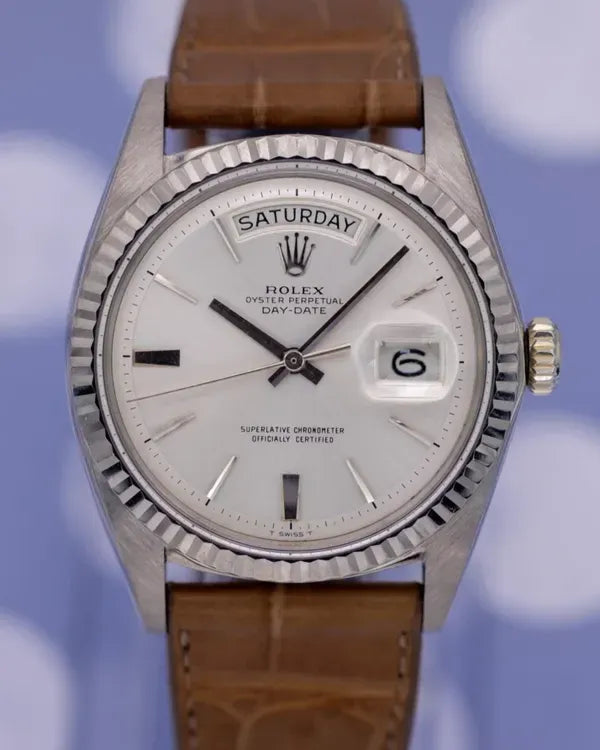 Rolex Day-Date 36MM Silver "Pie Pan" Dial Aftermarket Leather Strap (1807)