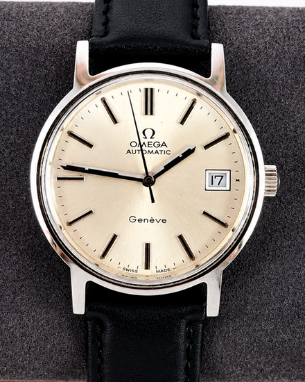 No Reserve - 1973 Omega Geneve Vintage 34MM Silver Dial Aftermarket Leather Strap (166.0163)