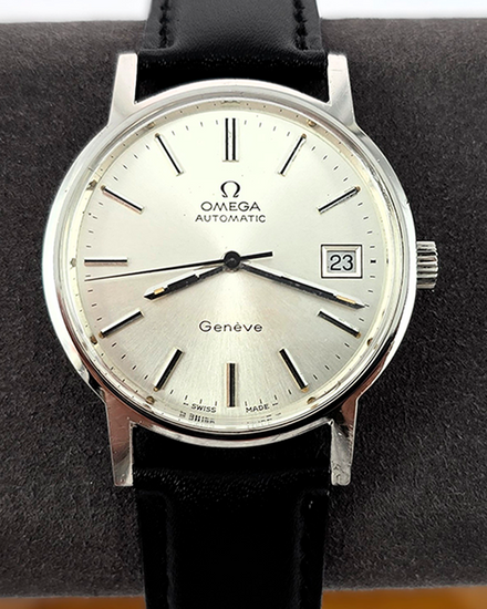No Reserve - 1974 Omega Geneve Vintage 34MM Silver Dial Aftermarket Leather Strap (166.0163)