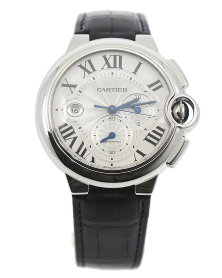 Cartier Ballon Bleu Chronograph 44MM Silver Dial Leather Strap (W6920003)