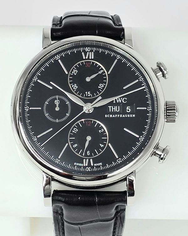 No Reserve - 2020 IWC Schaffhausen Portofino Chronograph 42MM Black Dial Leather Strap (IW391008)