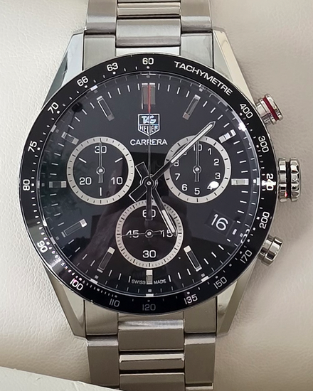No Reserve - Tag Heuer Carrera Chronograph Panamericana 43MM Quartz Black Dial Steel Bracelet (CV1A10.BA0799)