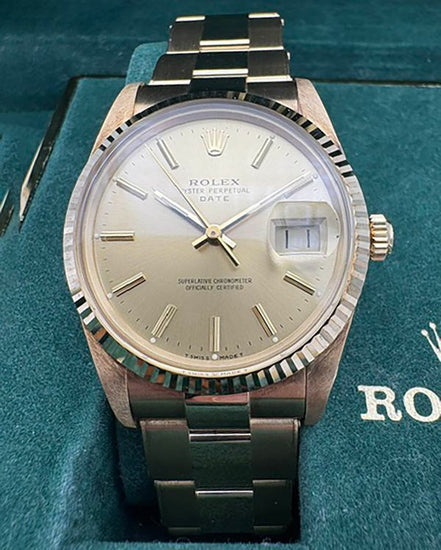 1990 Rolex Oyster Perpetual Date 34MM Champagne Dial Yellow Gold Oyster Bracelet (15007)