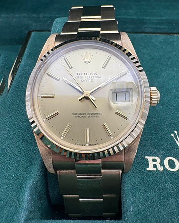 1990 Rolex Oyster Perpetual Date 34MM Champagne Dial Yellow Gold Oyster Bracelet (15007)
