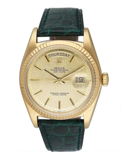 1973 Rolex Day-Date 36MM Champagne "Linen Motif" Dial Aftermarket Leather Strap (1803)