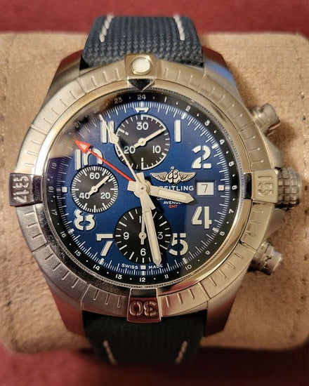 2019 Breitling Avenger Chronograph GMT Steel 45MM Black/Blue Dial Textile Strap (A24315)