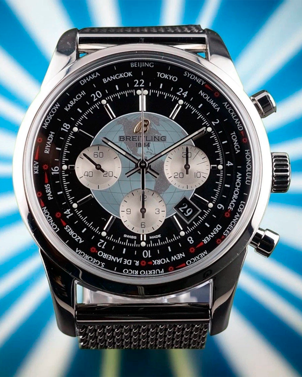 Breitling Transocean Unitime 46MM Black Dial Steel Bracelet (AB0510)