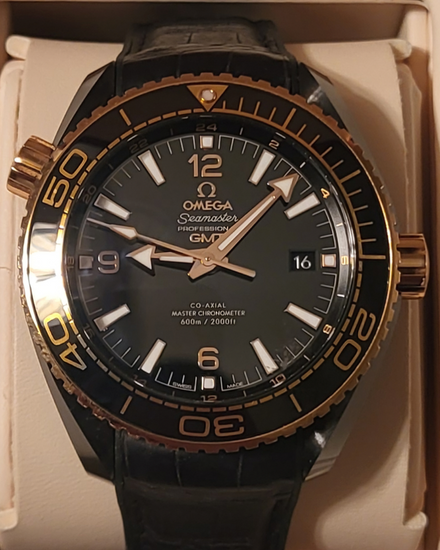 Omega Seamaster Planet Ocean GMT 600M "Deep Black" 18k Sedna Gold 45.5MM Black Dial Leather Strap (215.63.46.22.01.001)
