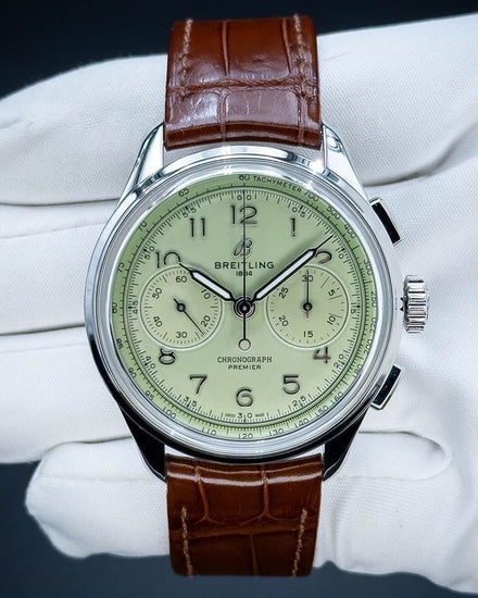 No Reserve - 2022 Breitling Premier B09 Chronograph 40MM Green Pistachio Dial Leather Strap (AB0930D31L1P1)