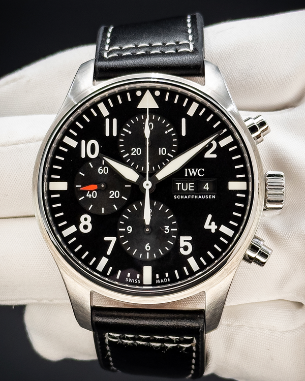 No Reserve - 2020 IWC Schaffhausen Pilot Chronograph 43MM Black Dial Leather Strap (IW377709)