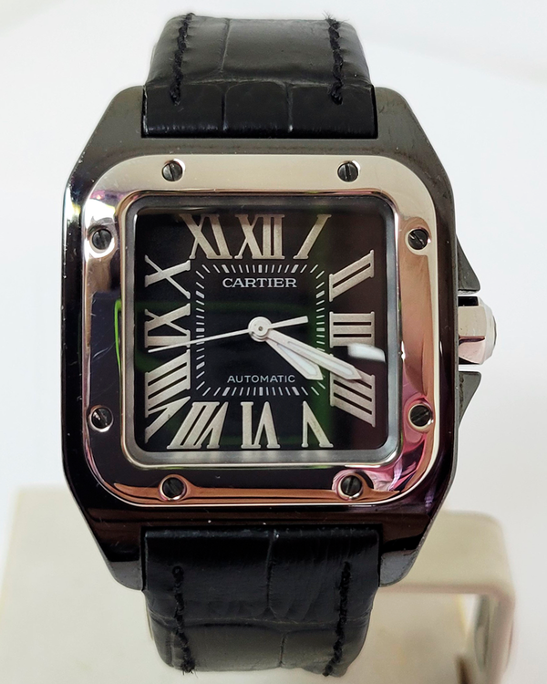 Cartier Santos 100 33MM Black Dial Aftermarket Leather Strap (2878)