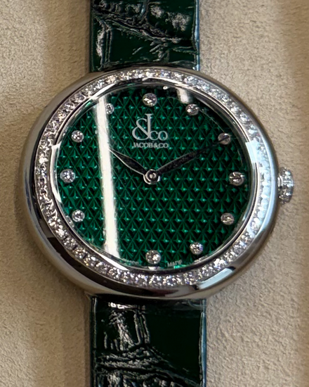 2026 Jacob & Co. Brilliant 34MM Quartz Green Dial Leather Strap (BQ015.10.RO.AD.ABALA)