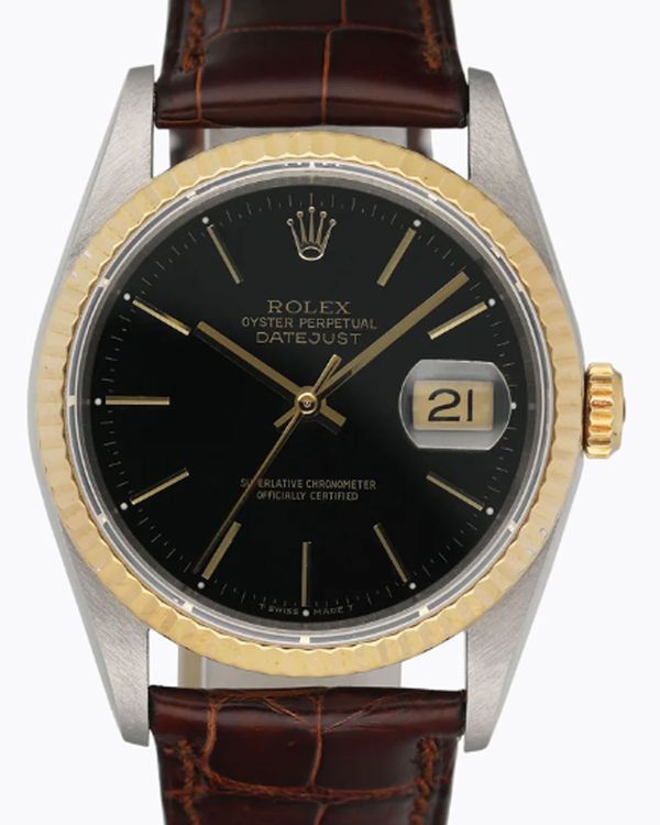 Rolex Datejust Vintage 36MM Black Dial Aftermarket Leather Strap (16233)