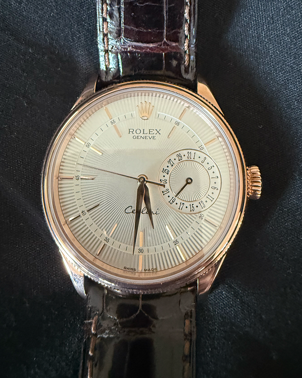 2018 Rolex Cellini Date 39mm Silver Dial Rose Gold Leather Strap (50515)