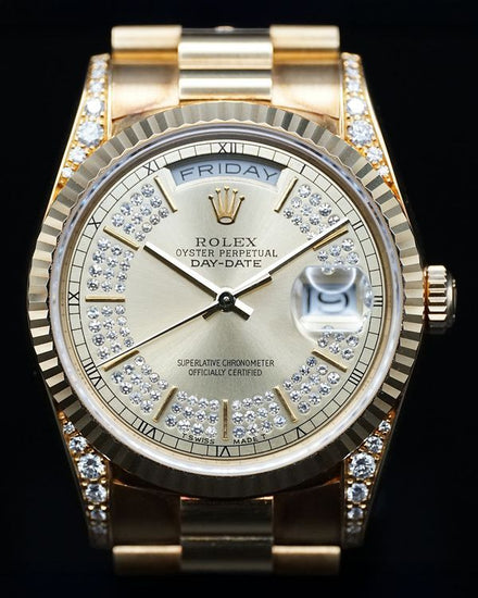 Rare 1995 Rolex Day-Date 36MM Champagne "Carrousel Pavé" Dial Yellow Gold President Bracelet (18338)