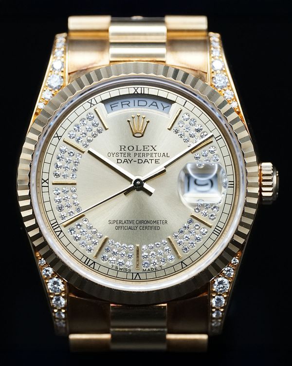 Rare 1995 Rolex Day-Date 36MM Champagne "Carrousel Pavé" Dial Yellow Gold President Bracelet (18338)