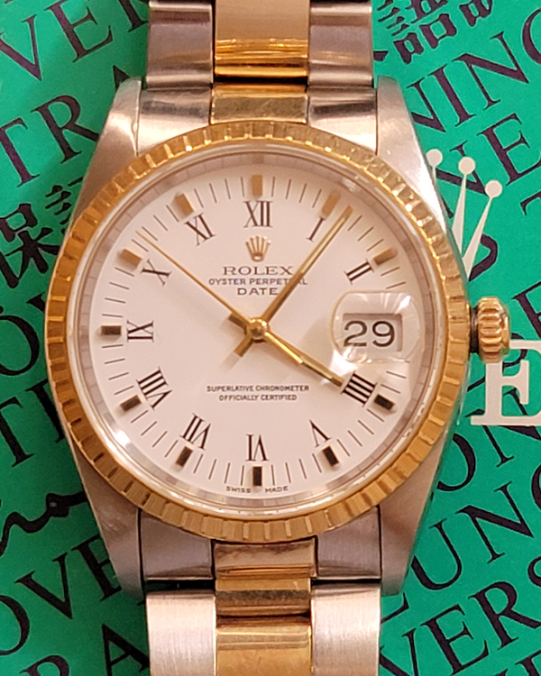Rolex Oyster Perpetual Date 34MM White Dial Two-Tone Oyster Bracelet (15233)