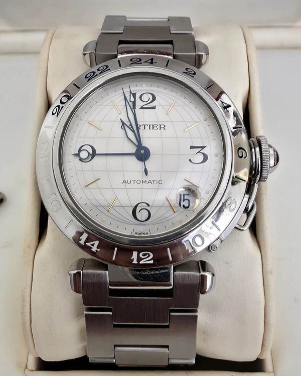 2002 Cartier Pasha De Cartier C GMT 35MM Silver "Grid" Dial Steel Bracelet (W31029M7)