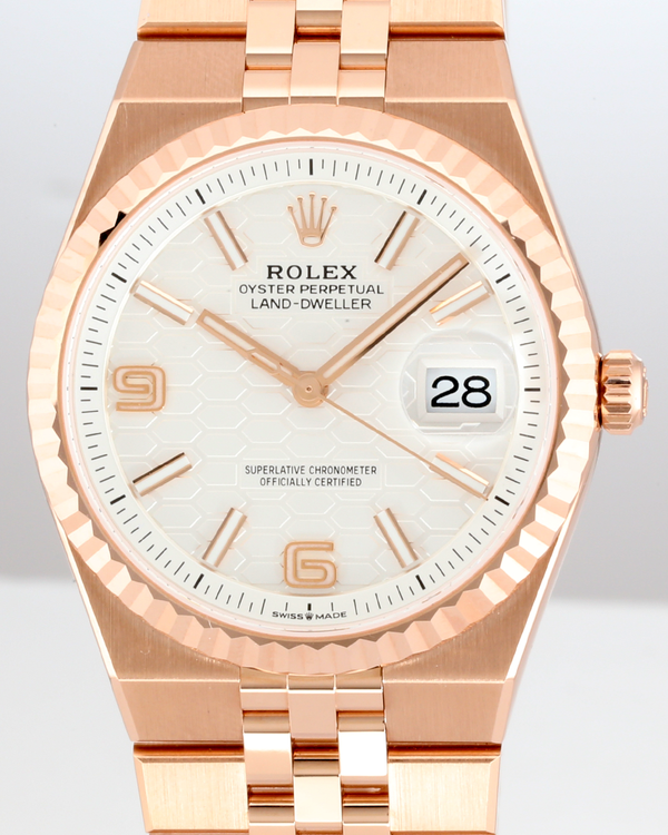 2026 Rolex Land-Dweller 36MM White "Honeycomb" Dial Rose Gold Flat Jubilee Bracelet (127235)