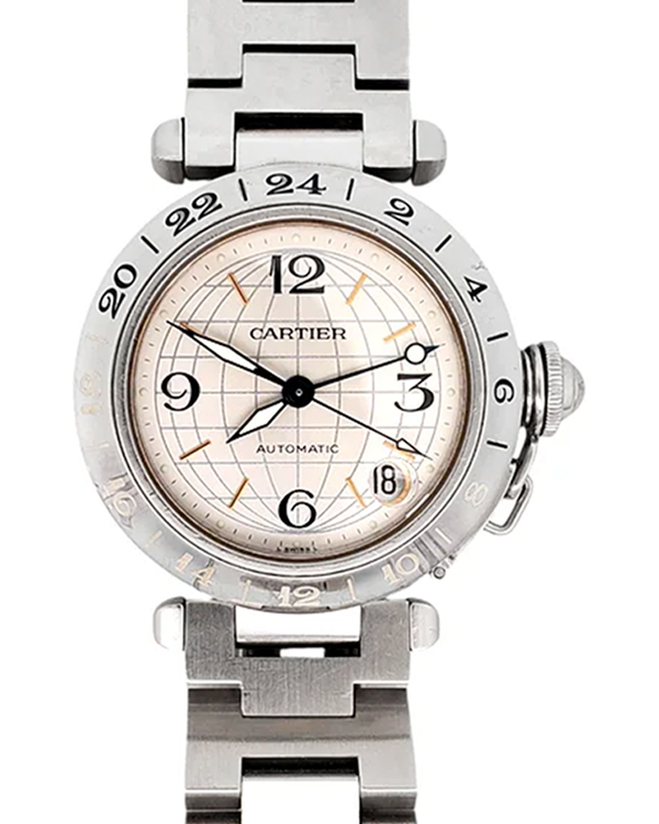 Cartier Pasha De Cartier C GMT 35MM Silver "Grid" Dial Steel Bracelet (W31029M7)