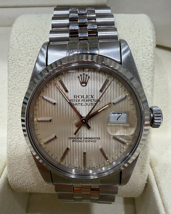 1986 Rolex Datejust 36MM Silver Tapestry Tropical Dial Jubilee Bracelet (16014)