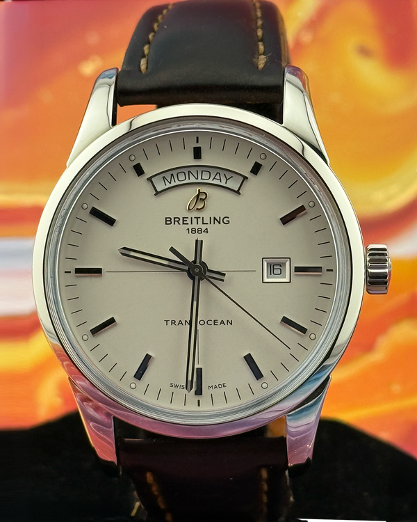 2014 Breitling Transocean Day & Date 43MM Silver Dial Leather Strap (AB45310)