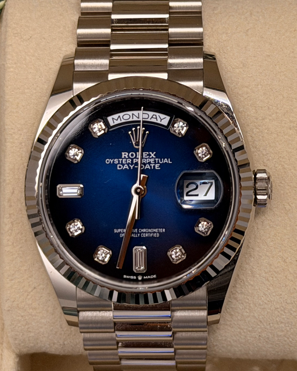 2022 Rolex Day-Date 36MM Ombré Blue Dial White Gold President Bracelet (128239)