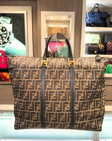 Fendi Zucca Travel Size 13.25 x 15.25 x 4.25 IN Canvas Gold-Tone Hardware Leather Strap (Zucca Large Tote)