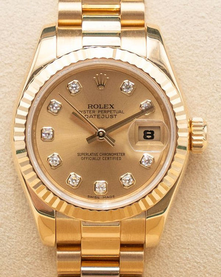 2008 Rolex Lady-Datejust 26MM Champagne Dial Yellow Gold President Bracelet (179178)