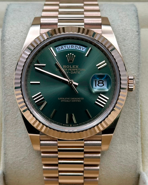 2022 Rolex Day-Date 40MM Olive Green Dial Rose Gold President Bracelet (228235)