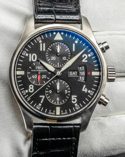 No Reserve - 2014 IWC Schaffhausen Pilot Chronograph 43MM Black Dial Leather Strap (IW377701)