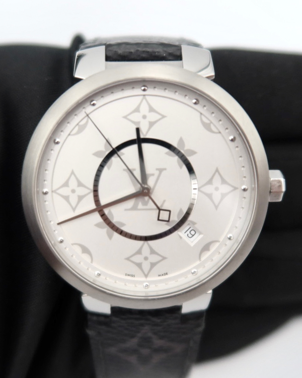 No Reserve - Louis Vuitton Tambour Slim Monogram 39MM Quartz Silver Dial Leather Strap (QA120)