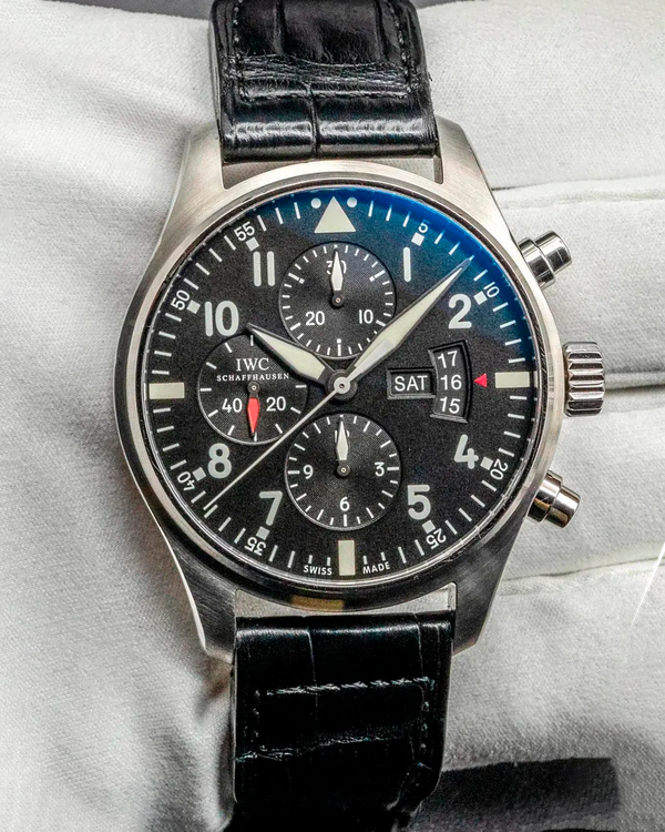 2014 IWC Schaffhausen Pilot Chronograph 43MM Black Dial Leather Strap (IW377701)