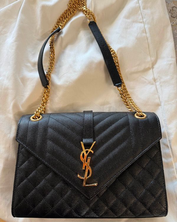 2026 Saint Laurent Monogram Envelope Medium Quilted Grain De Poudre Embossed 9.4 x 6.9 x 2.3IN Leather Brass Hardware Chain Strap (600185BOW911000)