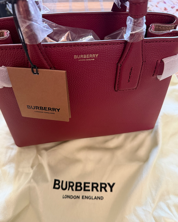 2026 Burberry Small Banner 10 x 7.5 x 4.5IN Crimson Red Leather/House Check Canvas Gold-Tone Hardware Leather Strap (8068558)