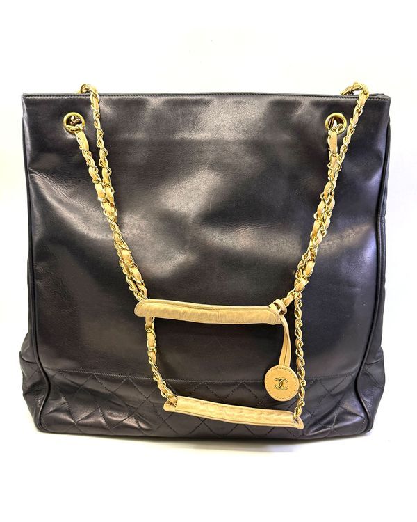 Chanel Accessories 14 x 17 x 4IN Black Leather Gold-Tone Hardware Chain Strap (Tote)