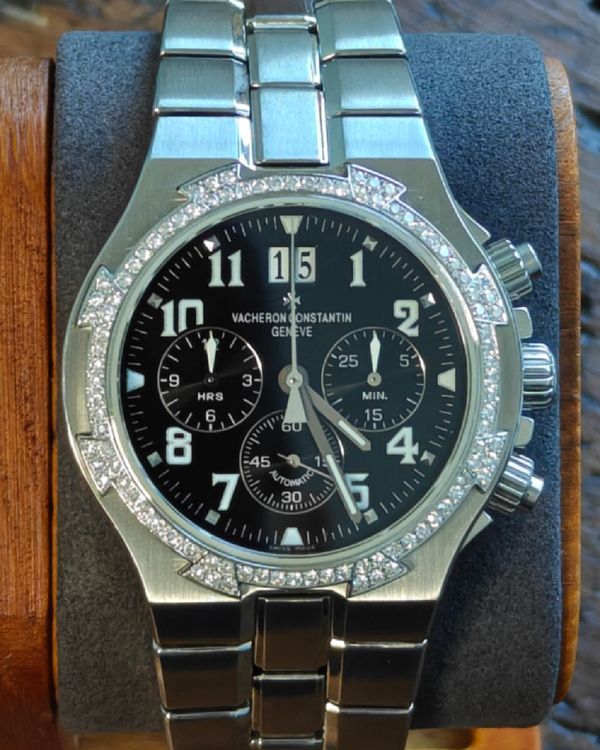 Vacheron Constantin Overseas Chronograph 40MM Black Dial Aftermarket Bezel Pavé Steel Bracelet (49140)