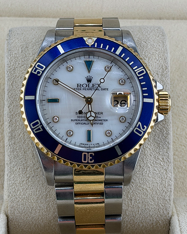 (U Serial) Rolex Submariner Date "Bluesy" 40MM Aftermarket White "Serti" Dial Two-Tone Oyster Bracelet (16613)