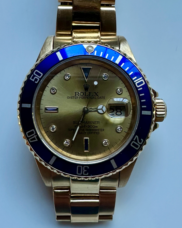 No Reserve - 1998 Rolex Submariner Date 40MM Champagne "Serti" Dial Aftermarket Yellow Gold Oyster Bracelet (16618)