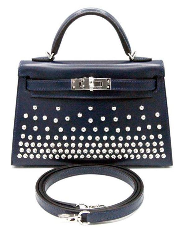 2025 Hermès Kelly Mini II Clouté Bleu Abysse Box L.E. 7.5 x 4.5 x 2.25 IN Leather Palladium Hardware Leather Strap (20)