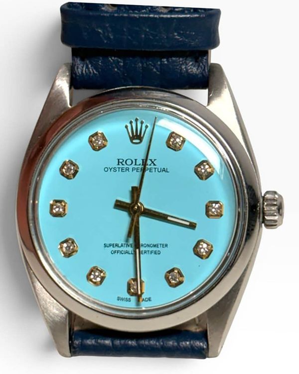 Rolex Oyster Perpetual 34MM Afermarket Blue Dial Aftermarket Leather Strap (1008)